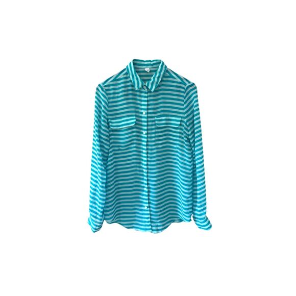 Old Navy Teal Striped Sheer Button-Down Size M Shirt Long Sleeve - Picture 1 of 12